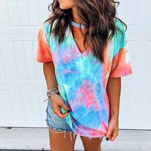 Casual Soft Tie-dye V-neck Short Sleeve Beachy Tee Blue Red